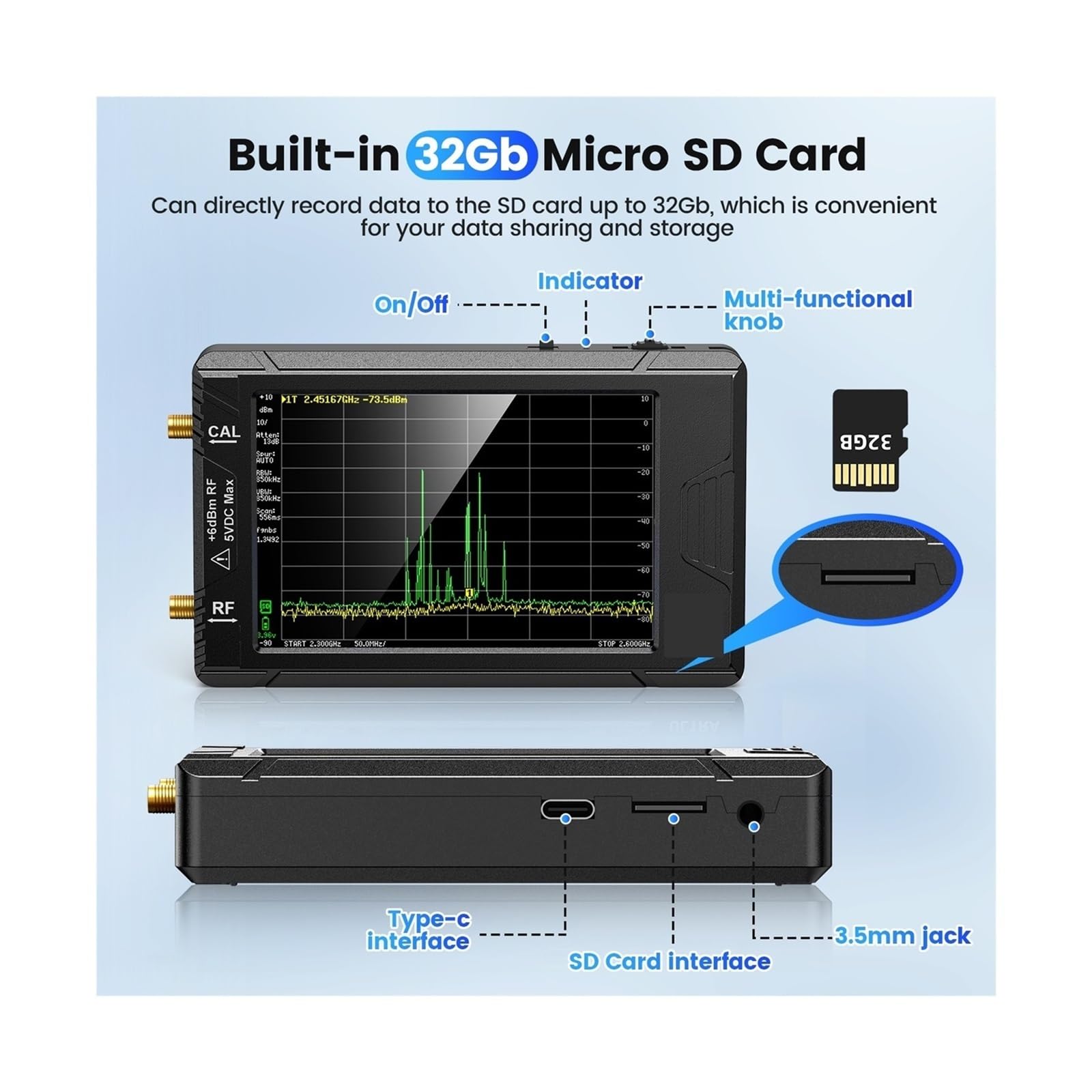 Analizador Vectorial de Redes, Analizador de Espectro con Pantalla de 2.8" Pantalla ULTRA de 4" 100kHz a 5.3GHz con Tarjeta de 32GB Versión V0.4.5.1 Medición de Parámetros S, ROE(SA ULTRA)