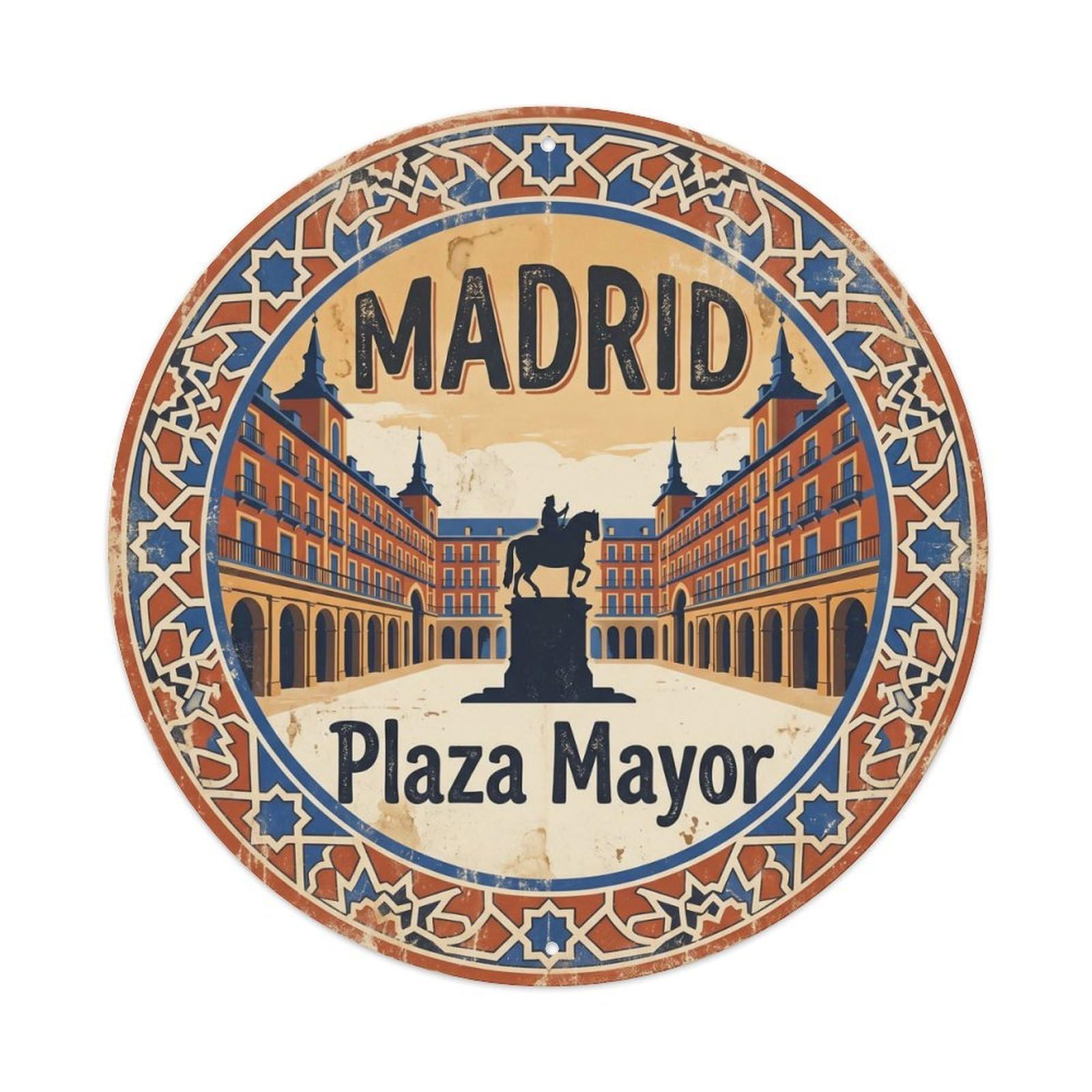 Vintage Travel Square Madrid Plaza Metal Tin Sign Plaque Wall Decor for Cafe, Club, Garden Round Metal Poster 8x8Inch