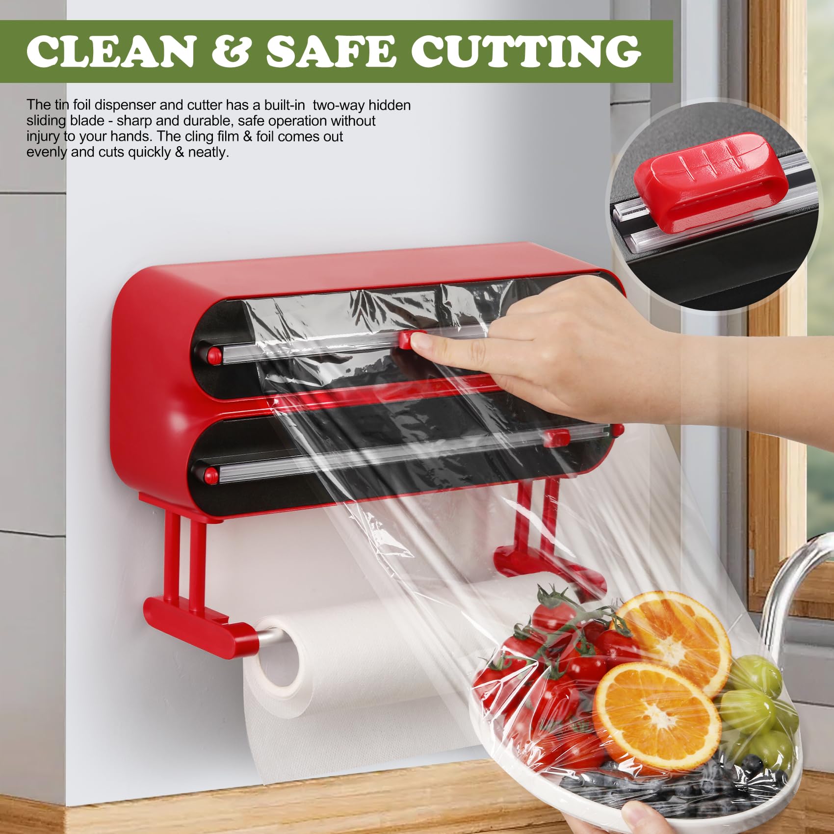 Quasziwa Magnetic Cling Film & Tin Foil Dispenser with Cutter, Fits 31cm Rolls, 3-in-1 Kitchen Roll Holder - Image 2