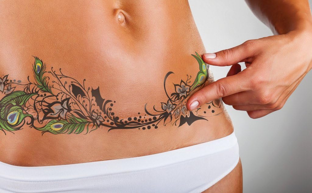 Fiduciary Peacock Feather Temporary Tattoo - Tummy Tuck or Mastectomy Scar Cover, Realistic and Long Lasting, Fashionable and Safe