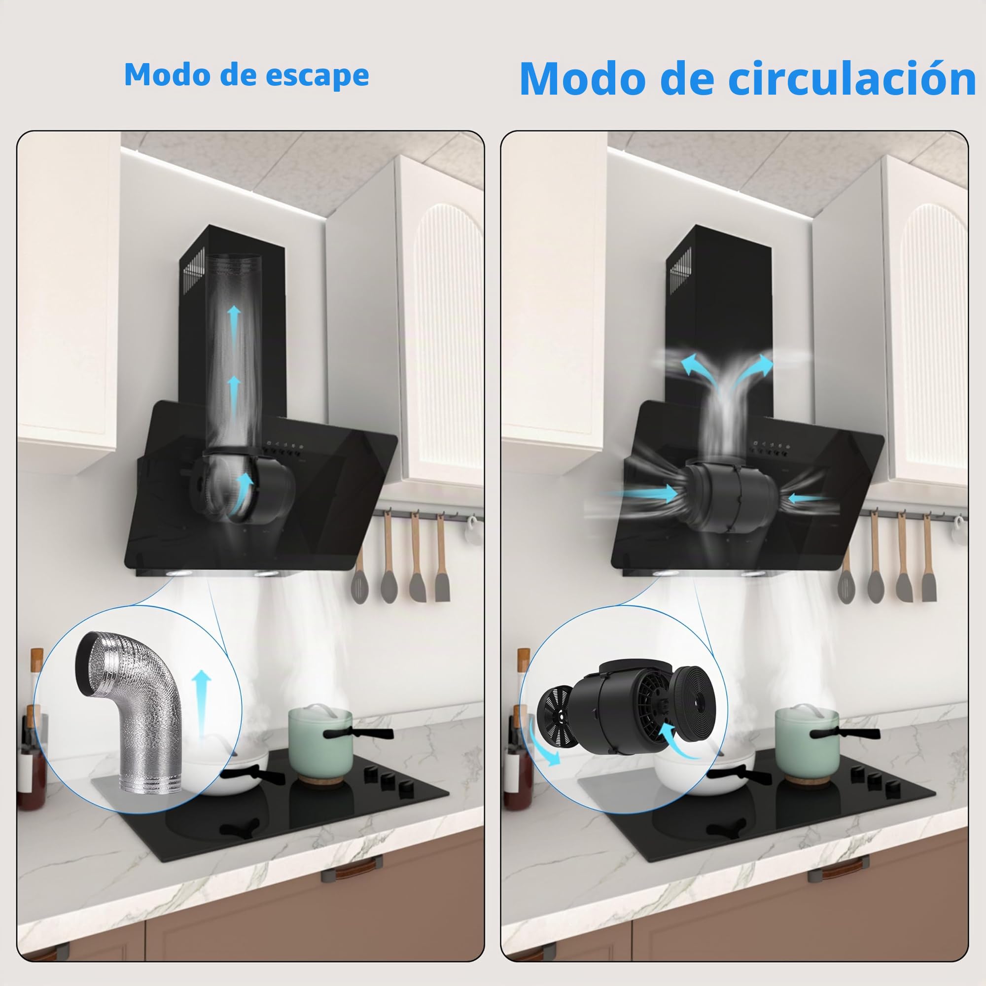 FIREGAS Campana extractora 60cm, Extractor inclinado, Motor sin escobillas, 3 velocidades, 332m³/h, LEDs, Recirculante y Extracción, Incluye filtro de carbón, Extractor de pared Negra