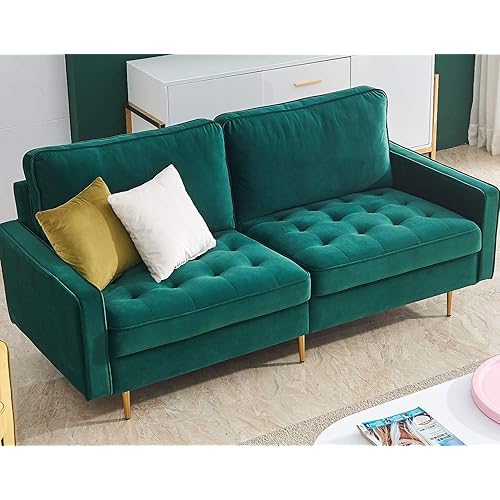 Danxee Velvet Fabric Sofa Couch 71" Wide Mid Century Modern Tufted Fabric Sofa Living Room Sofa 700lb Heavy Duty with 2 Pillows (Emerald)
