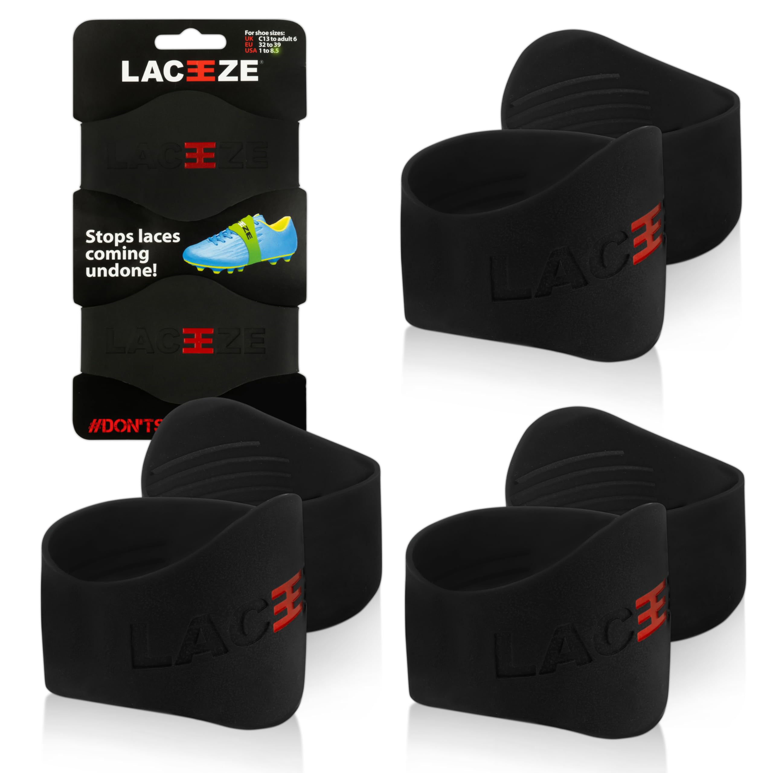LACEEZE Bands Original Black 3 PACK fits shoe size C13 UK 6.5 keeps laces tied during sport, football, rugby,