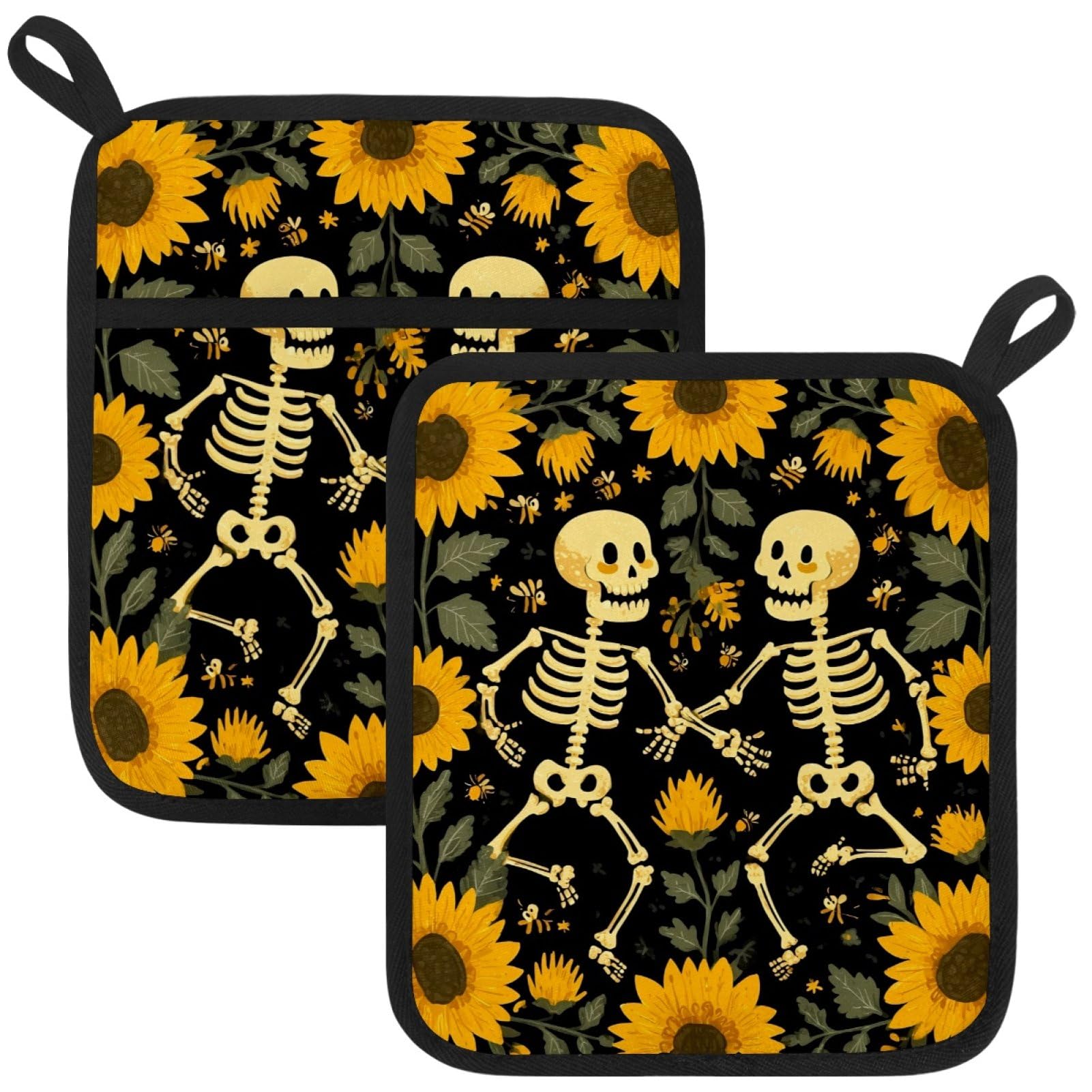 VAPOKF Funny Skeleton Sunflower Pot Holders with Pocket for Kitchen Heat Resistant Potholders Large Polyester-Cotton Square Oven Mitts Set