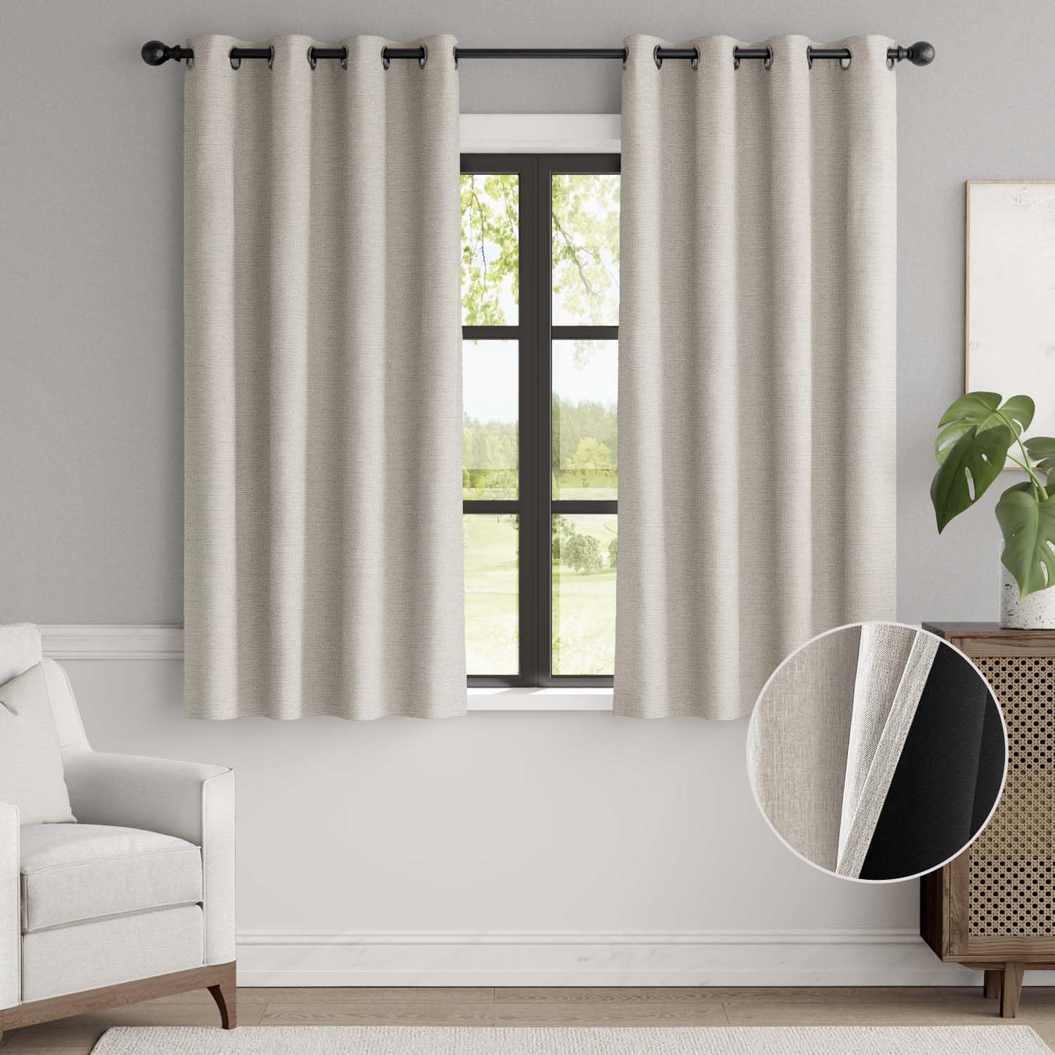 jinchan Blackout Curtain 63 Inch Long, Faux Linen Curtain for Living Room, Thermal Insulated Room Darkening Grommet Top Window Drape, 1 Panel Curtain for Bedroom Bone 54"W x 63"L (Pack of 1) Bone