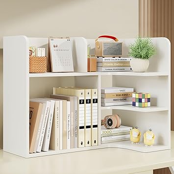 3 Tier Wood Modern Desktop Shelf, L Shaped Desk Hatch, Bookcase with Storage Display Rack, Organizer Shelf for Home Office, Dorm, Study Computer Table White