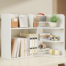 3 Tier Wood Modern Desktop Shelf, L Shaped Desk Hatch, Bookcase with Storage Display Rack, Organizer Shelf for Home Office, Dorm, Study Computer Table White