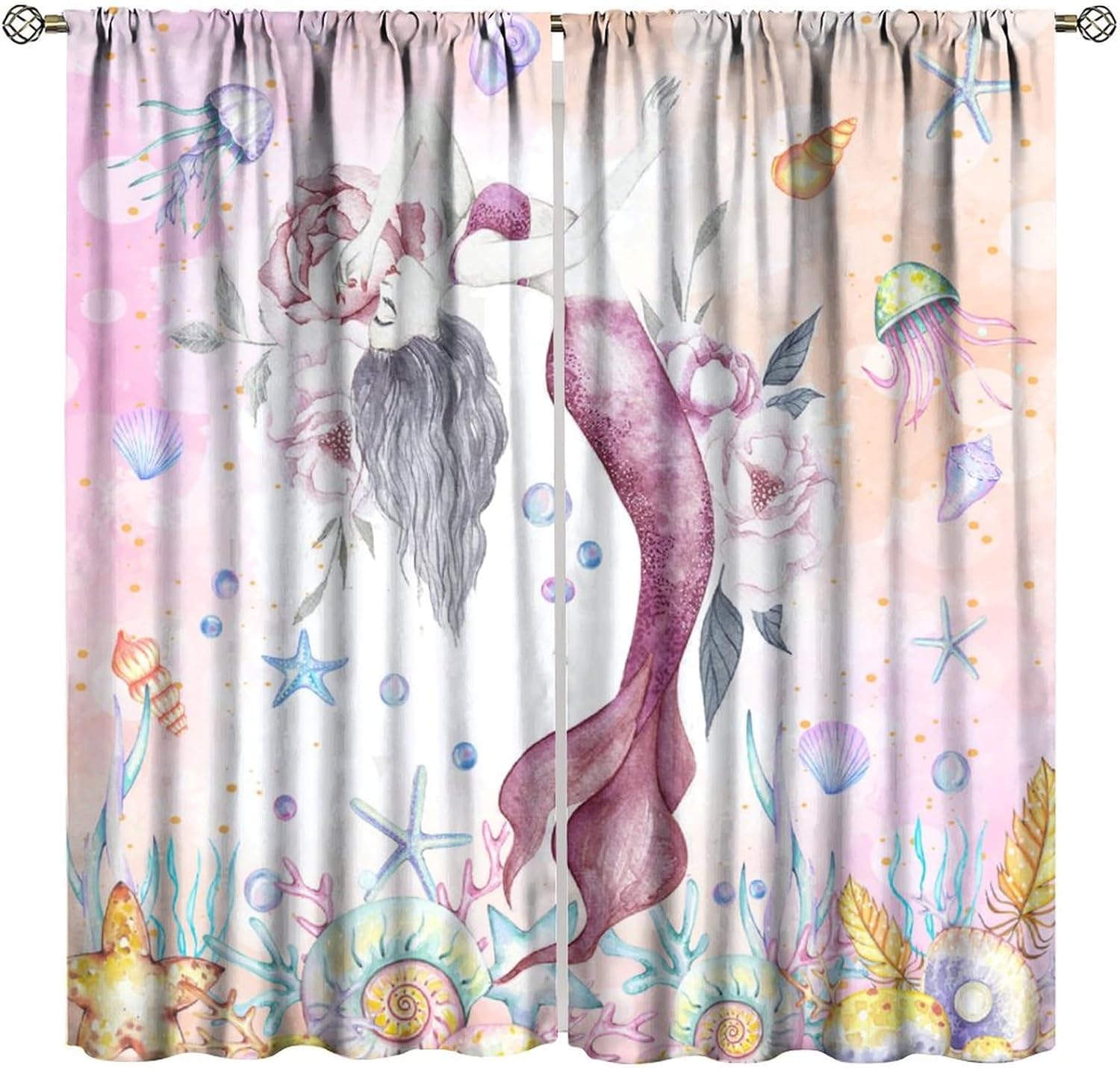 Watercolor Mermaid Curtains, Pink Sea Ocean Theme Window Drapes for Girls Bedroom Cute Coral Reef Fish Seashell Jellyfish Print Blackout Curtains for Kids Room Living Room, 42" W X 45" L