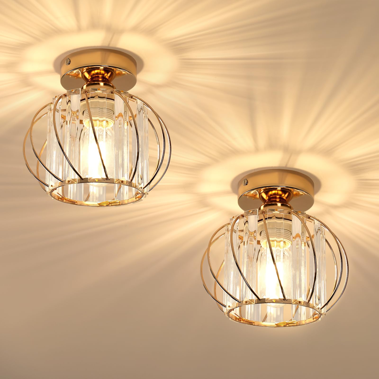 Lámpara de Techo de Cristal Dorado 2 Pack | Plafones Modernos con Enchufe E27, Lámpara de techo Metal para Salón, Dormitorio, Pasillo