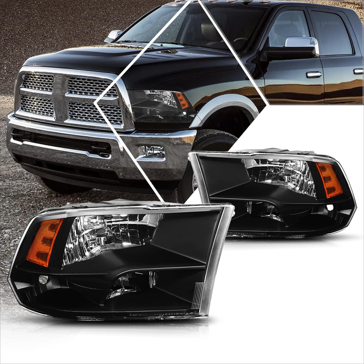 PM PERFORMOTOR 2Pcs Direct Replacement Headlights Assembly Compatible with Dodge Ram 09-18 | Headlamps with Black Housing Clear Corner