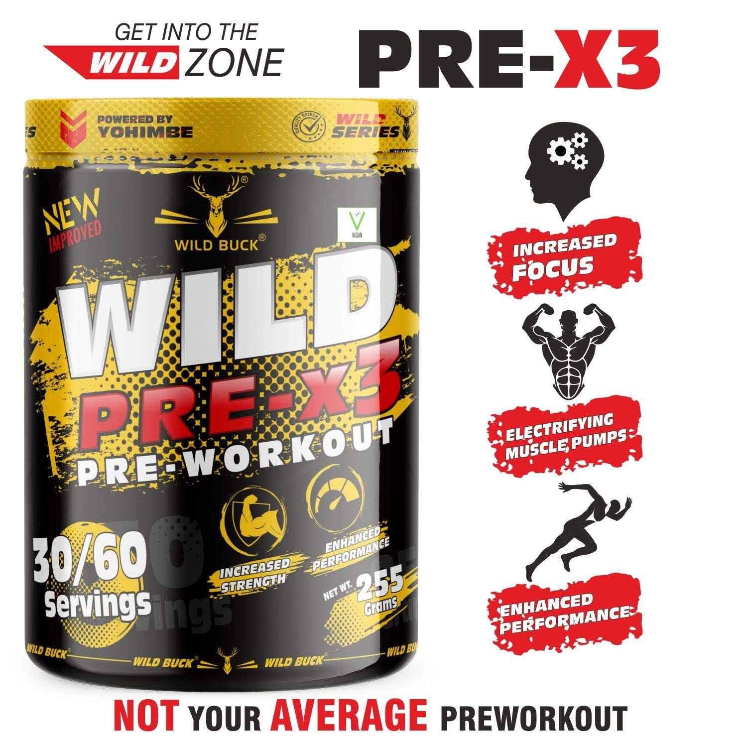WILD BUCK Wild Pre-X3 Hardcore Pre-Workout Supplement,Energy Drink With Creatine Monohydrate,Arginine Aakg,Beta-Alanine - For Men & Women [30-60 Servings,Sour Gummies,255 G] Free Shaker,2 Count — Amazon image 6