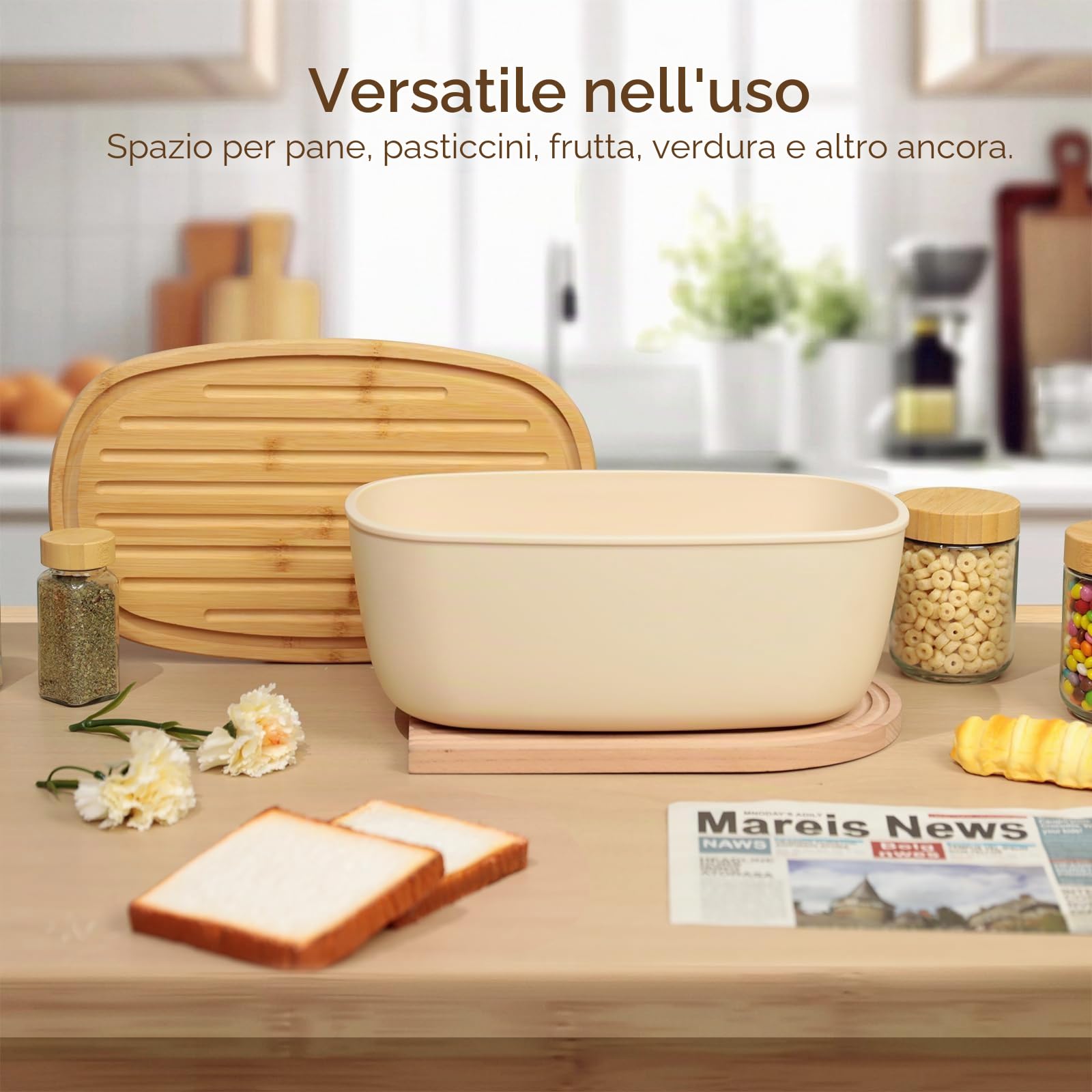 VINATO Scatola per Pane in Plastica con Coperchio in Bambù, 6L - Portapane con Sacchetto in Cotone, Bread Box