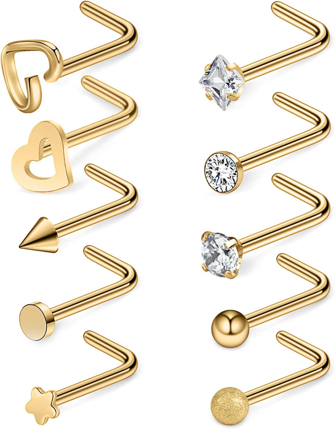 Ruifan 20G外科用スチールハートスターフラットボールクリアダイヤモンドCZノーズスタッドリングL形状ピアスジュエリー4 -10PCS