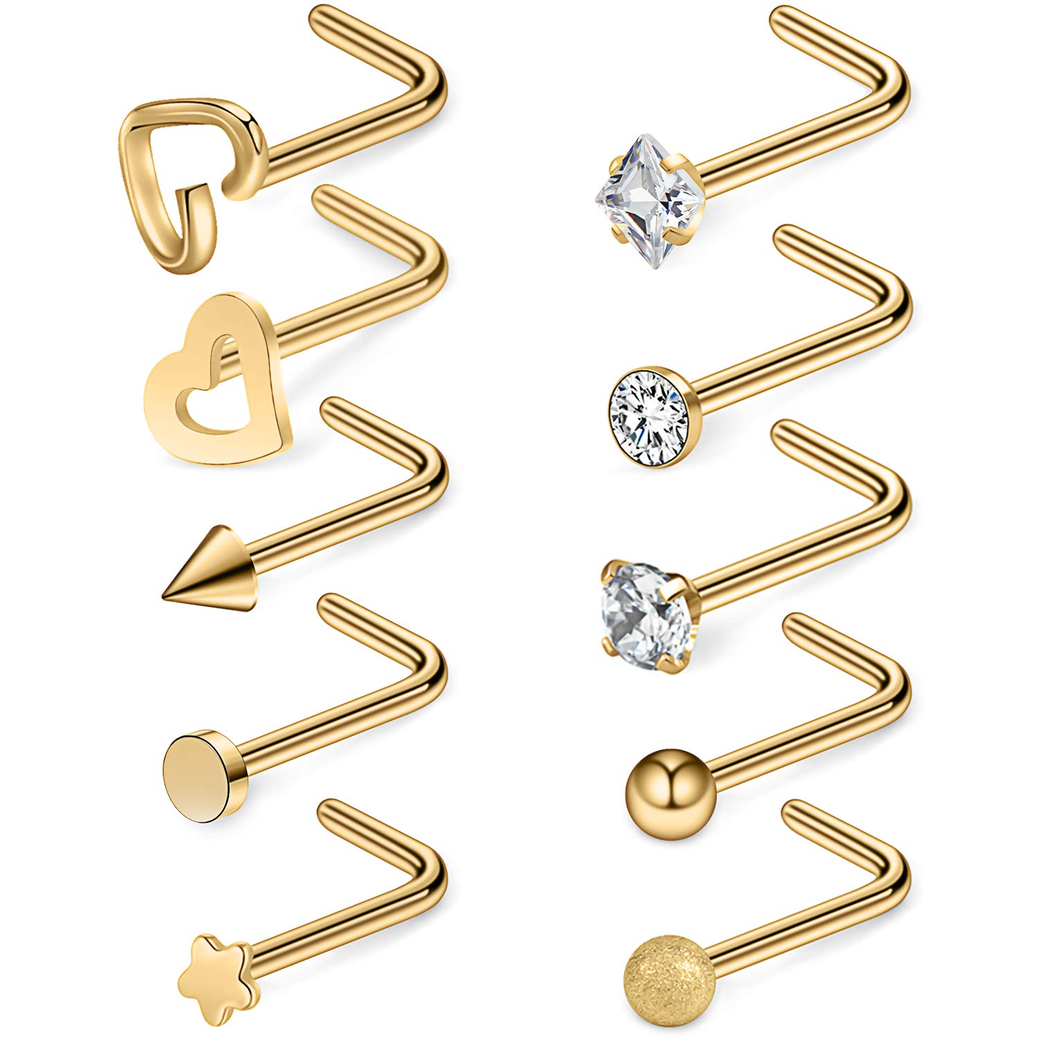 20G Surgical Steel Heart Star Flat Ball Clear Diamond CZ Nose Stud Rings L Shaped Piercing Jewelry 4-10PCS-image-27