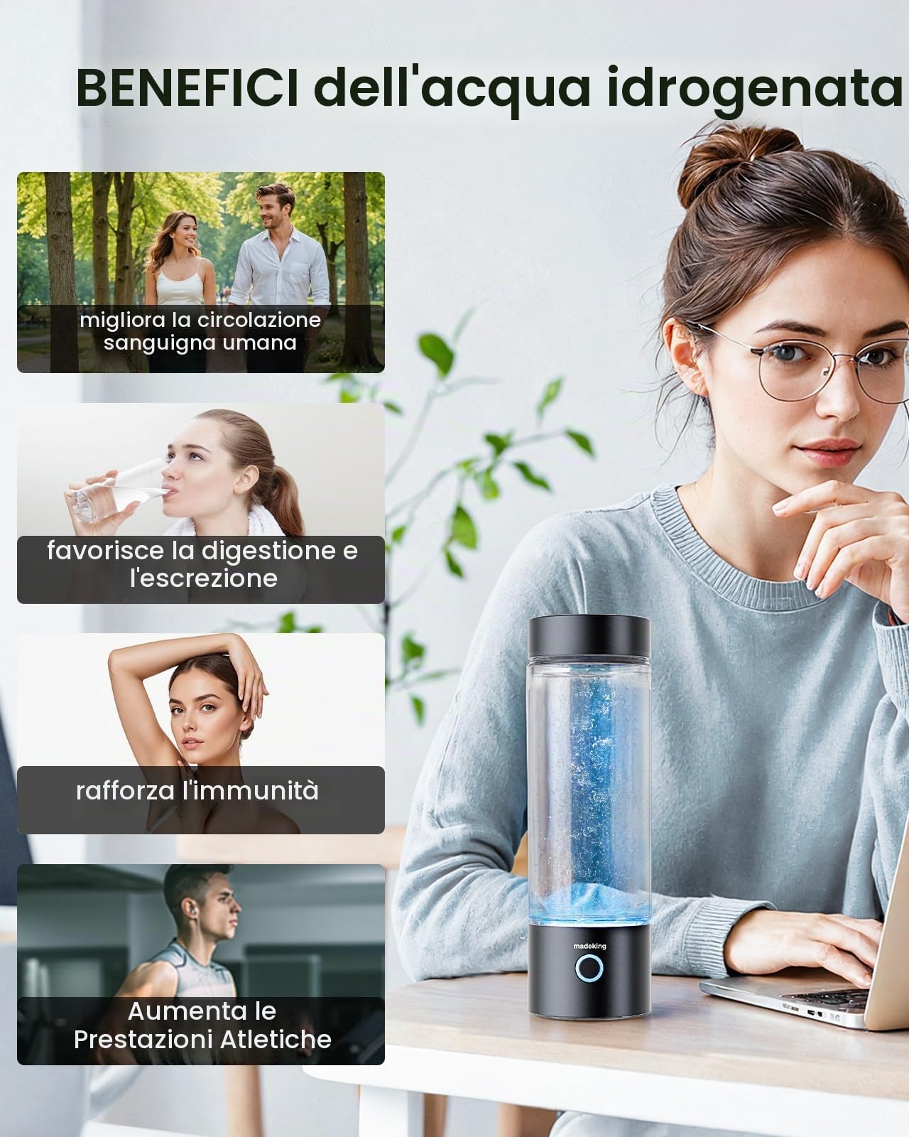 Generatore di bottiglie d'acqua di idrogeno - 400ml ricaricabile idrogeno acqua ionizzatore macchina, vetro portatile idrogeno tazza ricca di acqua Maker, buona per il regalo (nero)