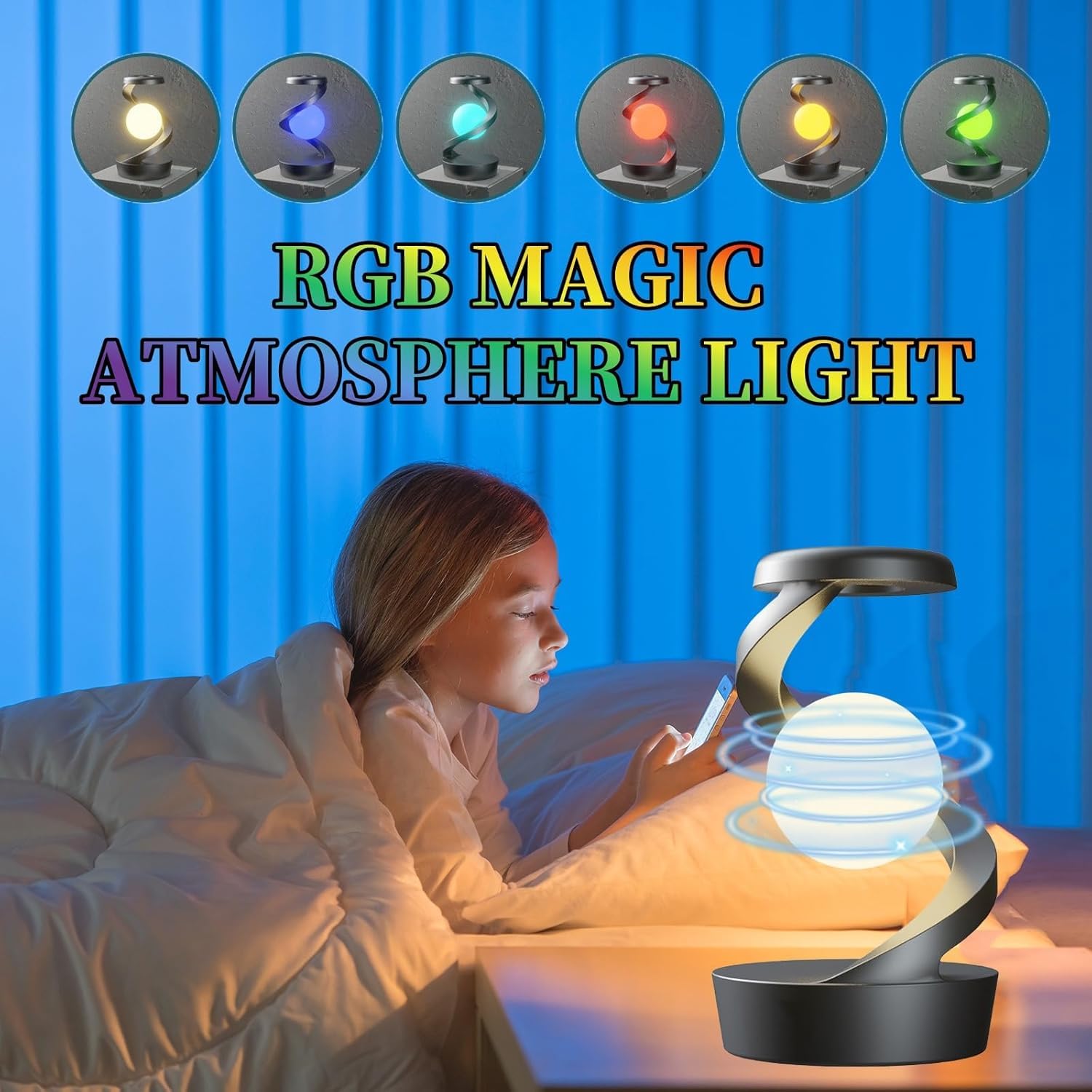 Lampada da Comodino LED Senza Fili con Sensore, Lampada da Tavolo a Spirale Ricaricabile con Caricatore Wireless, RGB Lampada a Levitazione Magnetica Rotante per Camera da Letto Salotto Ufficio,Nero