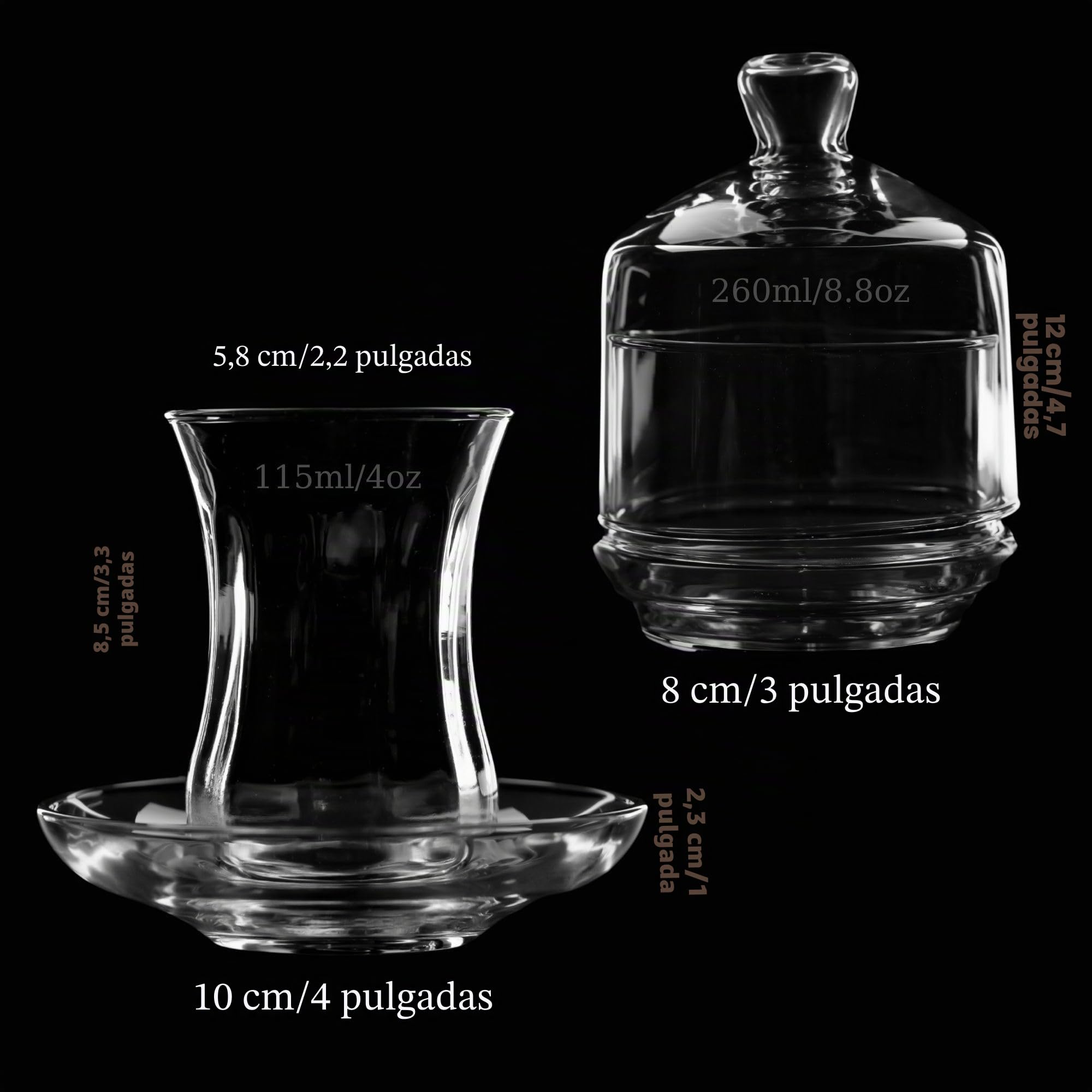 Juego de Té Turco Tradicional con Diseño,13 Piezas, Incluye: 6 Tazas de Té de Vidrio (115 ml/4 oz), 6 Platillos y un Azucarero con Tapa de Vidrio (260 ml/8,7 oz)