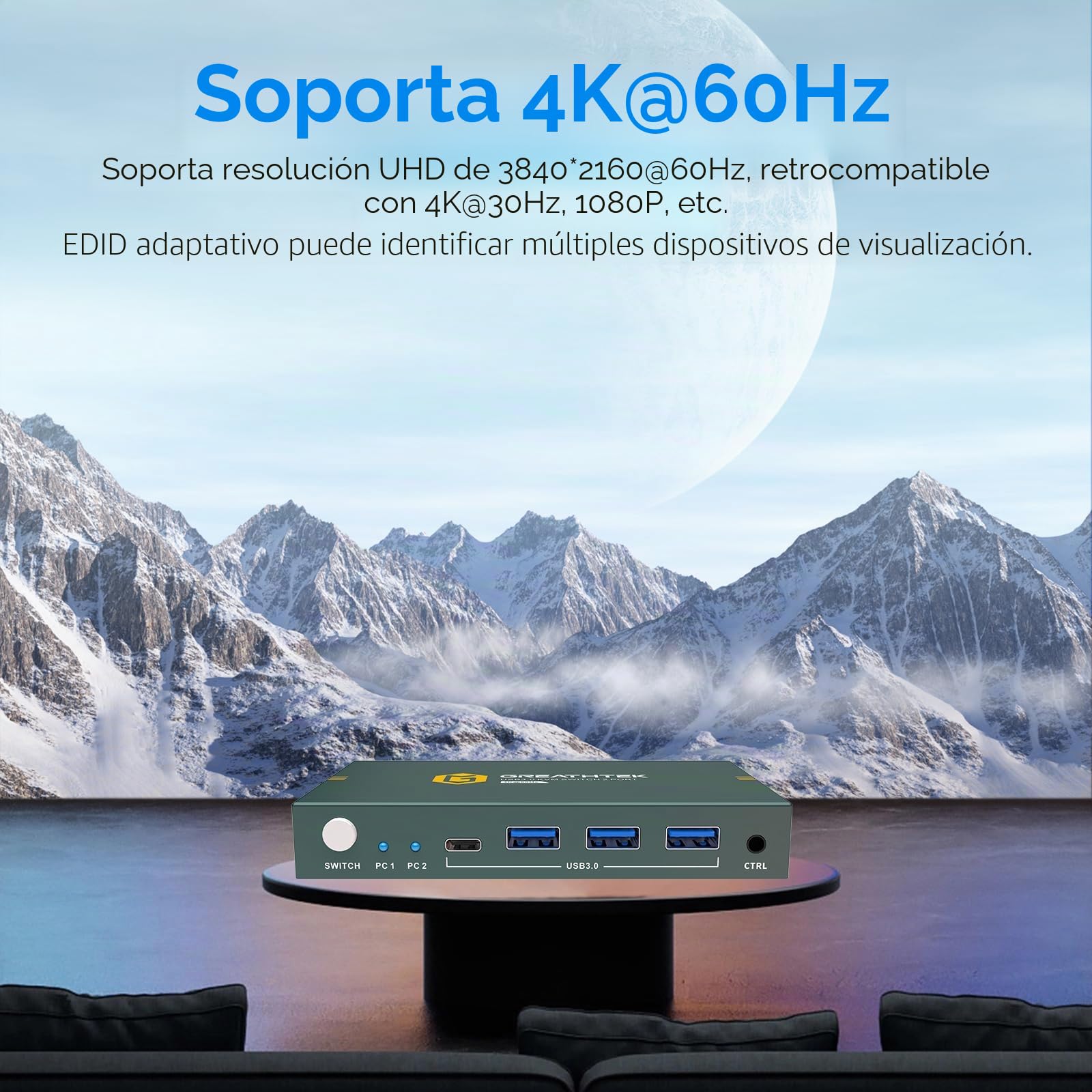 Conmutador KVM HDMI USB3.0 2 PC 1 Monitor 4K@60Hz KVM Switches witch (3*USB 3.0+ USB C Port) für 2 Computer Teilen Sie Monitor, teclado, ratón, EDID adaptativo, con controlador de escritorio