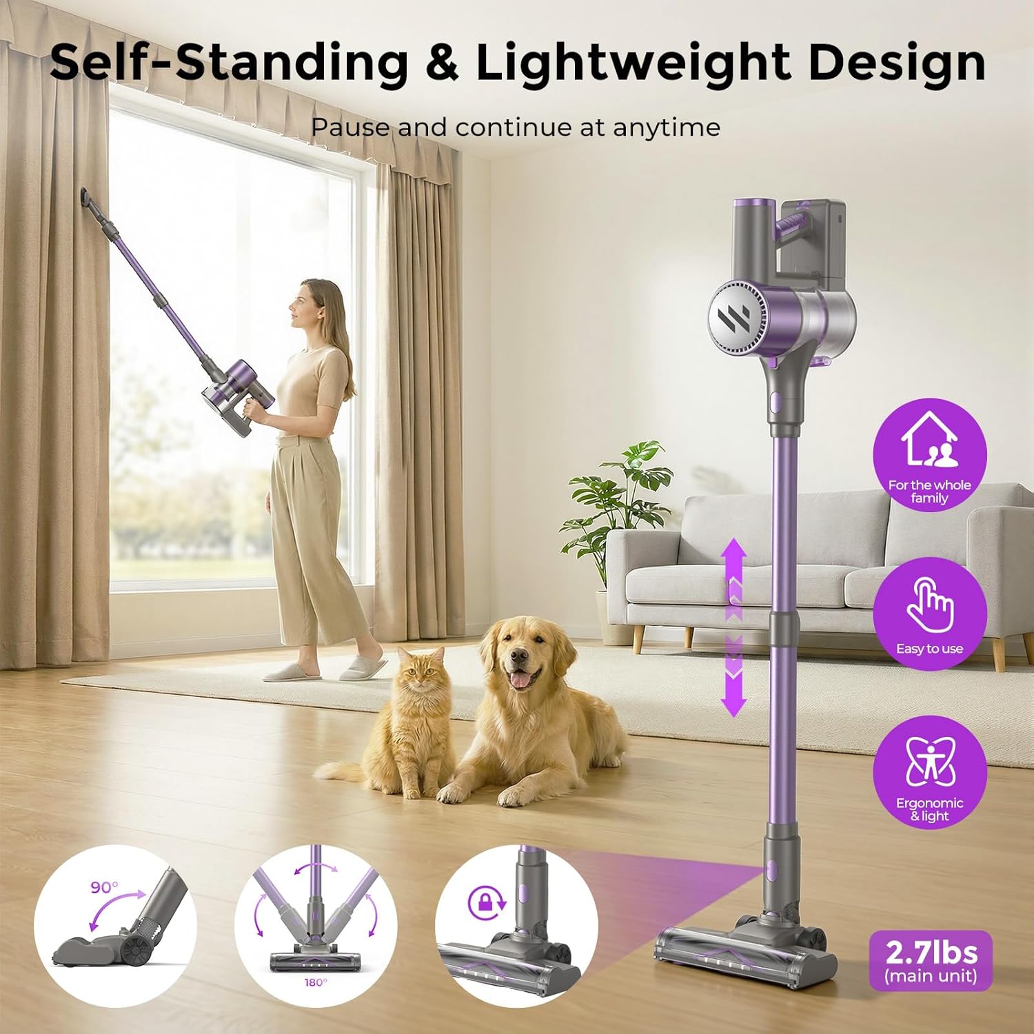 Vacuum Cleaners for Home,Cordless Vacuum Cleaner,Lightweight Stick Vacuum Cordless Rechargeable,Self-Standing Design,LED Touch Screen,Vacuum for Hardwood Floors,Carpet,Pet Hair(Deep Purple)