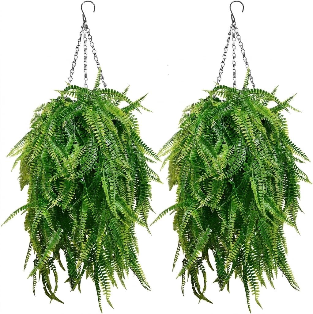 2 Sets Artificial Hanging Fern with Baskets for Outdoor | Faux Large Hanging Plants Outside Realistic Fake Boston Ferns UV Resistant for Front Porch Patio Balcony Home Decor