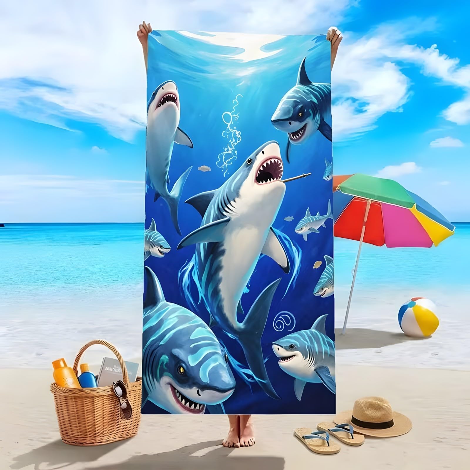 YZQGLHP Sharks Microfibre Beach Towel Sea Creatures Beach Bath Towel Quick Drying, Lightweight, Sand-Free, Durable, for Pool, Gym, Camping, Travel Towel 70x130cm