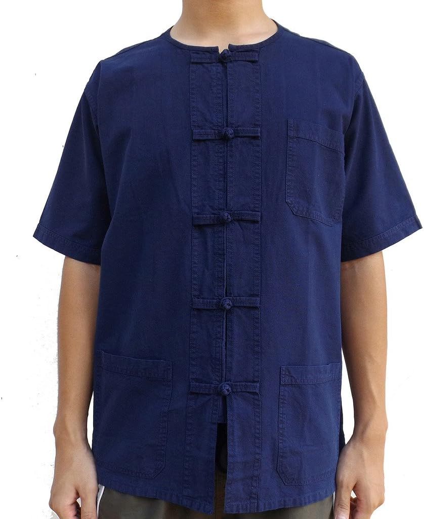 malime Men's Short Sleeve Kung Fu Tai Chi Cotton Shirt XX-Large Navy Blue