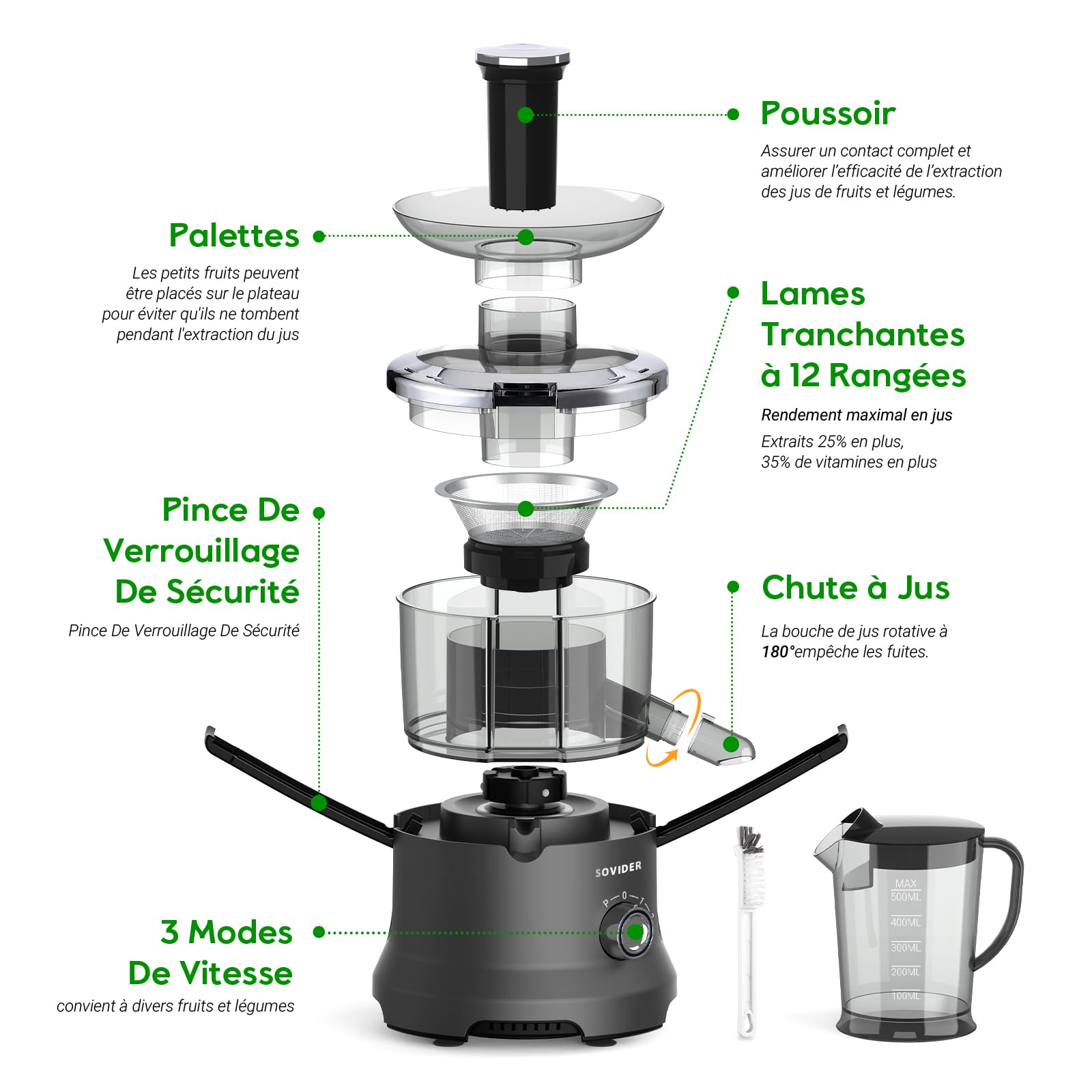Centrifugeuse Extracteur de Jus, Centrifugeuse de Fruits et Legumes: 3 Vitesses, 600W Extraction Jus Rapide et Efficace | 76MM Large Bouche, Pieds Antidérapants, Anti-Goutte, Nettoyage Facile