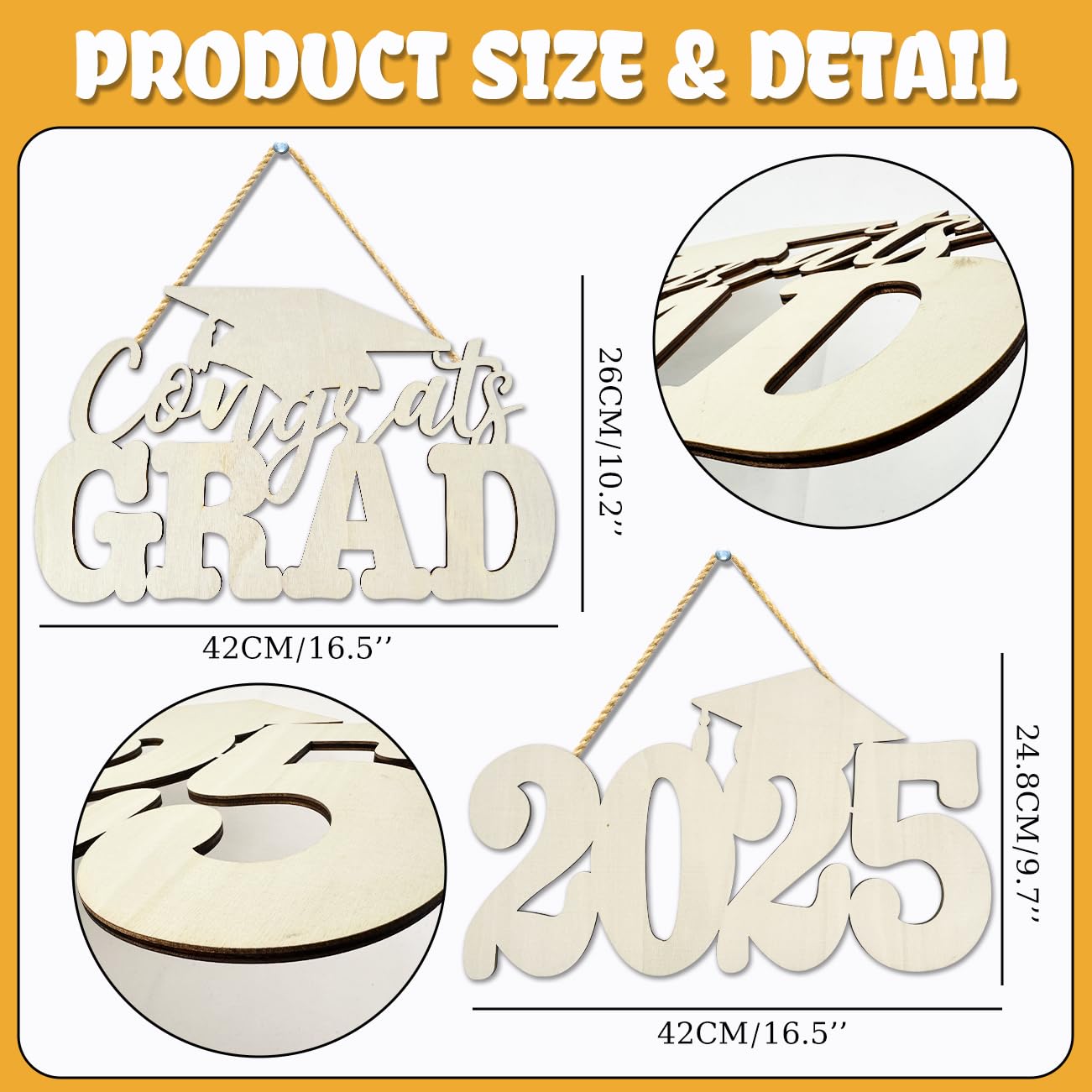 2Pcs Class of 2025 Wood Signs Graduation Decorations 2025 Wooden Sign Congrats Grad Photo Booth Props for Graduation Party Decorations Wood Cutout College High School Party Supplies