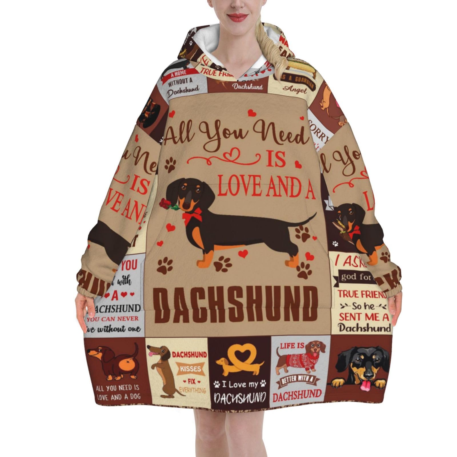 Gelasgo Women's Wearable Blanket Hoodie, Dachshund Patchwork Print