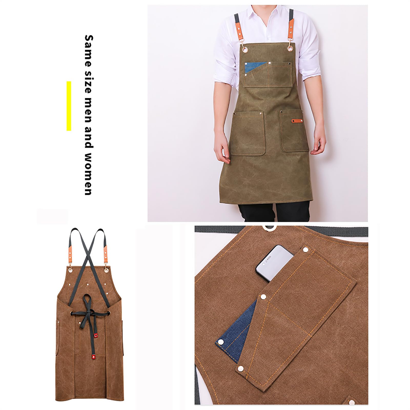Delantal De Cocina Unisex, Lona De Algodón, Espalda Cruzada Ajustable con Bolsillos, Adecuado para Chef, Barbacoa Y Trabajo F,One Size