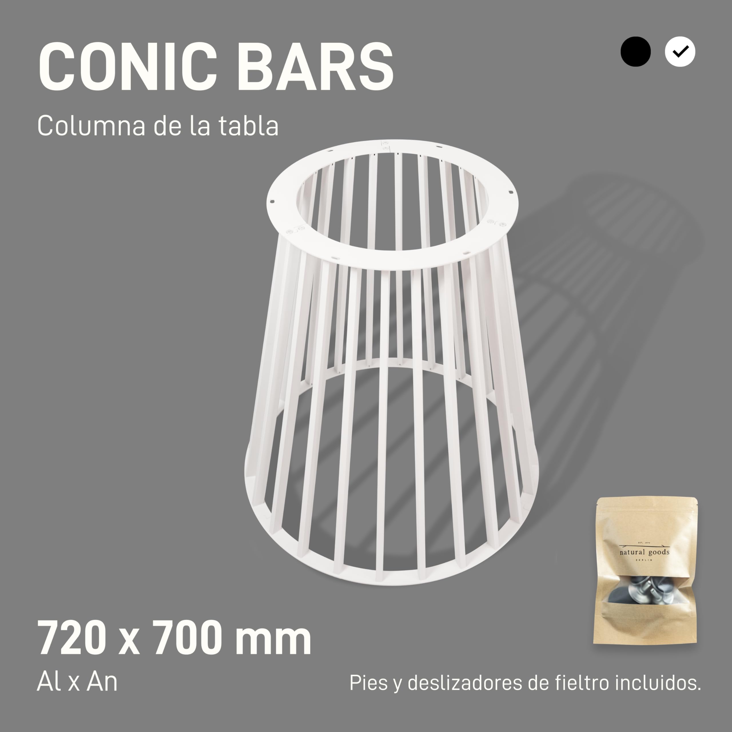 Natural Goods Berlin Columna de mesa Conic Bars patas de mesa de metal blanco – 720 mm x 700 mm – Estructura de mesa redonda – Patas de mesa para tablero de cristal ovalado – Patas de metal
