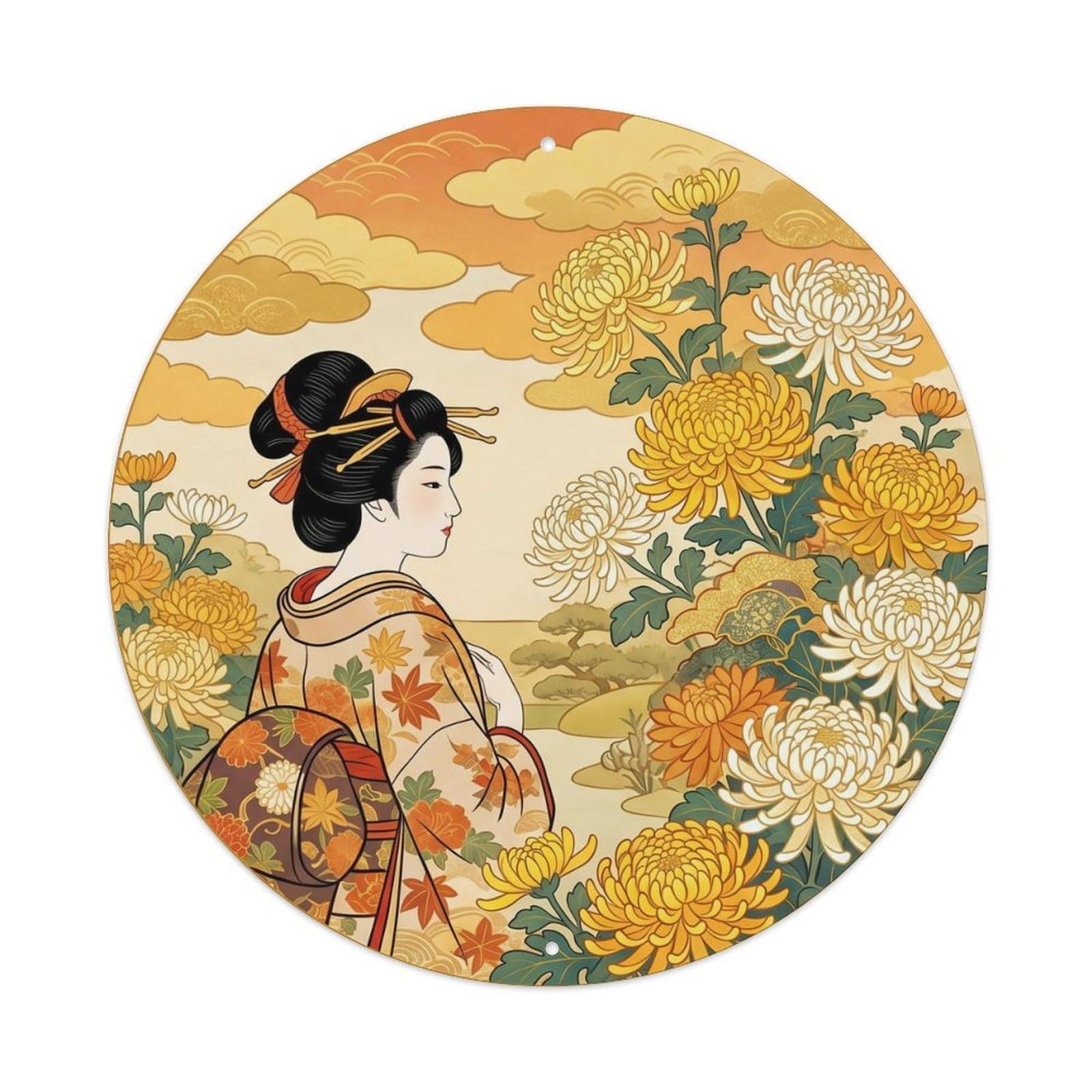 Galvaxio Style Japanese Kimono Woman Viewing Chrysanthemum Petals Layered Metal Tin Sign