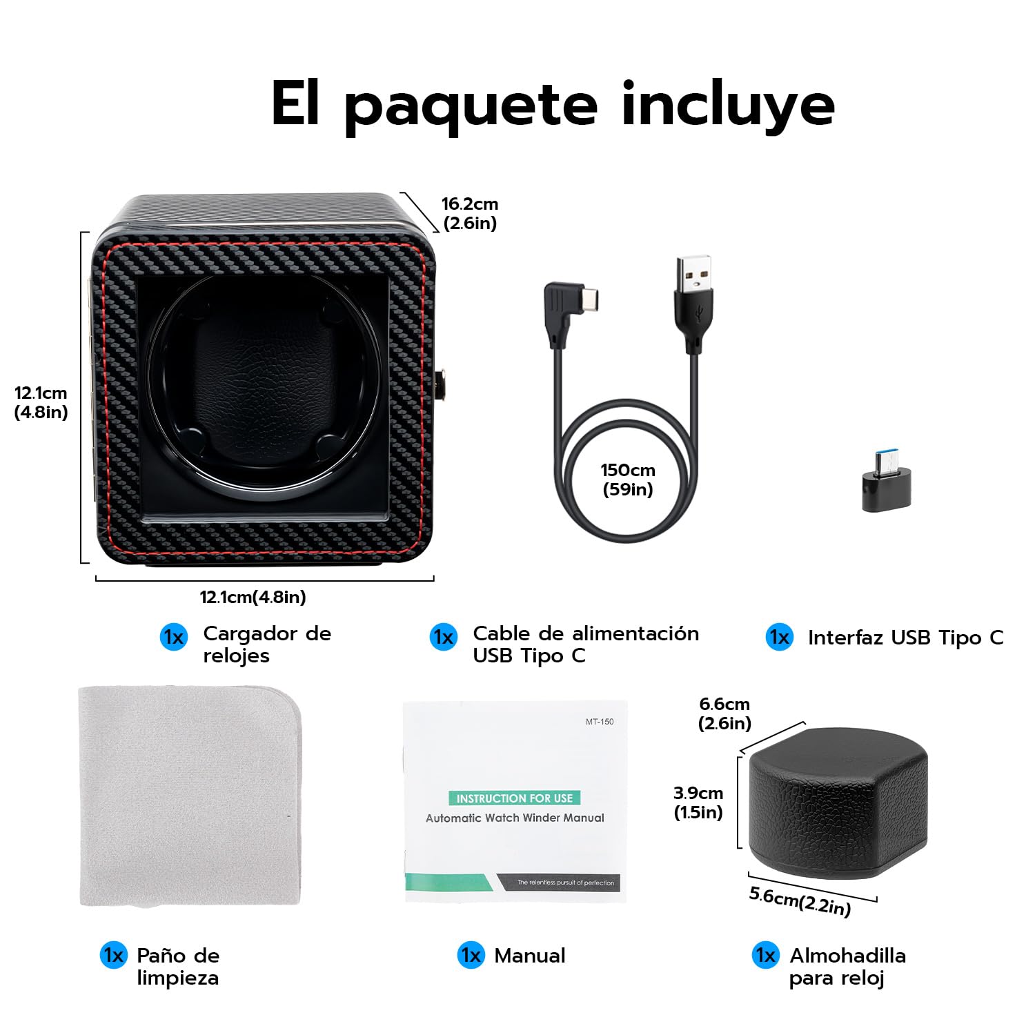 Mcbazel Enrollador de Relojes Automático con Luz LED – Watch Winder Caja Giratoria para un Solo Reloj, Motor Silencioso, 4 Modos de Rotación, Caja de Reloj en Piel PU - Fibra de Carbono