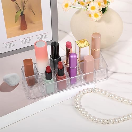 Miniatura 5 de Pafeooui 4 organizadores de lápiz labial acrílico, soporte para lápiz labial, soporte para brillo de labios de 12 ranuras, organizador de cosméticos