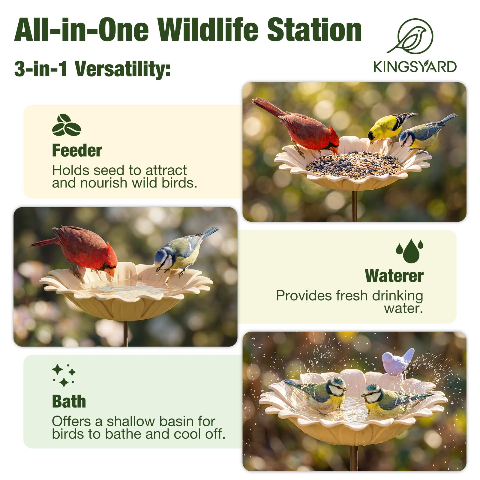 Kinsgyard 2 Pack Free Standing Tray Bird Feeders with Adjustable Pole, Wild Bird Feeder for Outdoor Garden Yard Decor, Large Seed Capacity, Easy to Clean and Refill, Yellow & Beige — view 4