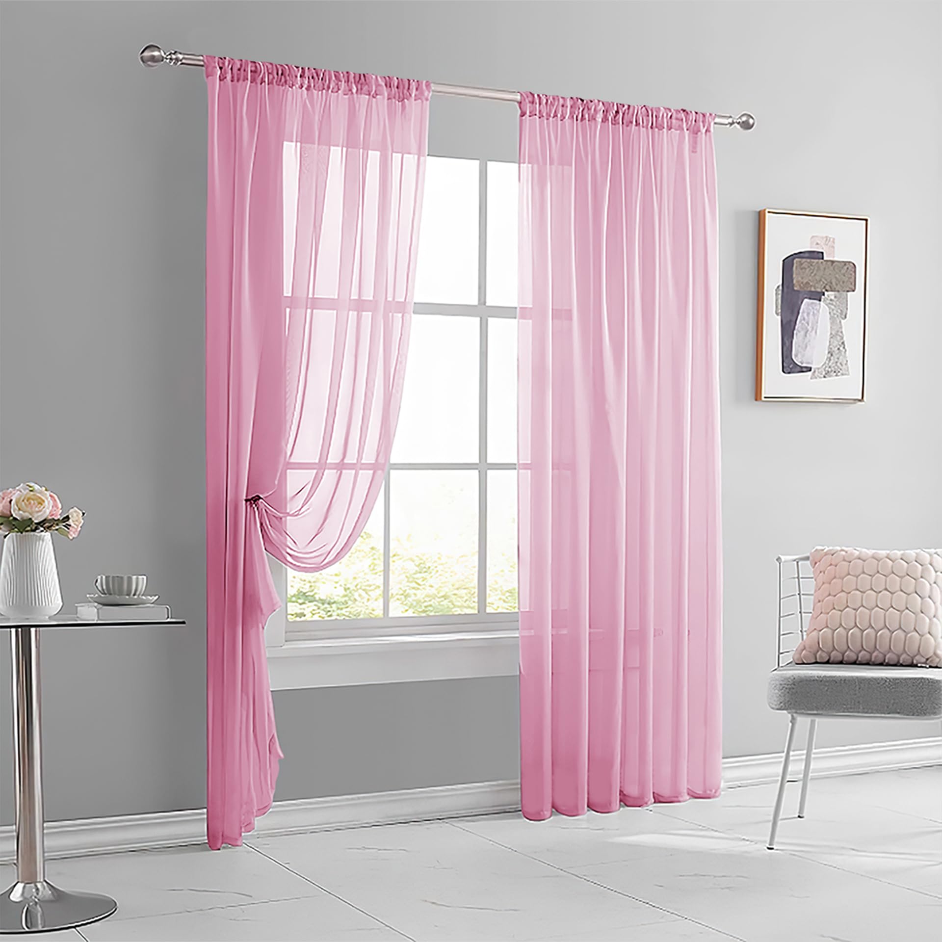 AMZYU Sheer Curtains for Bedroom 260 x 120 cm Light Filtering Rod Pocket Sheer Curtain Wrinkle Resistant Solid Colour, Privacy Protected for Bedroom Patio Door, Pink