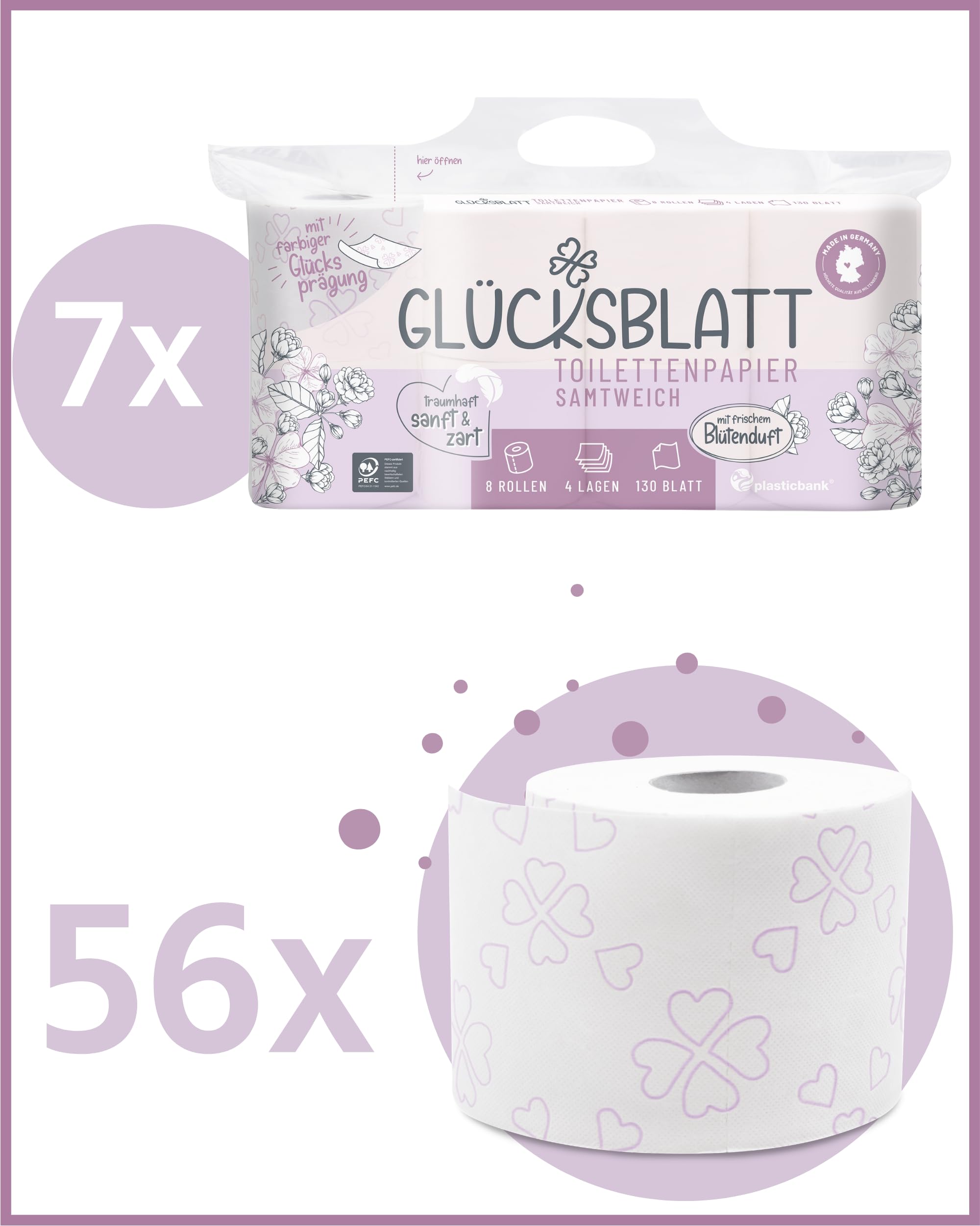 Glücksblatt Toilettenpapier Samtweich mit frischem Blütenduft, 4-lagig, 56 Rollen x 130 Blatt, 100% Zellstoff, superweiches Klopapier mit Glücks-Prägung, WC Papier, Verpackung aus mind. 30% PCR