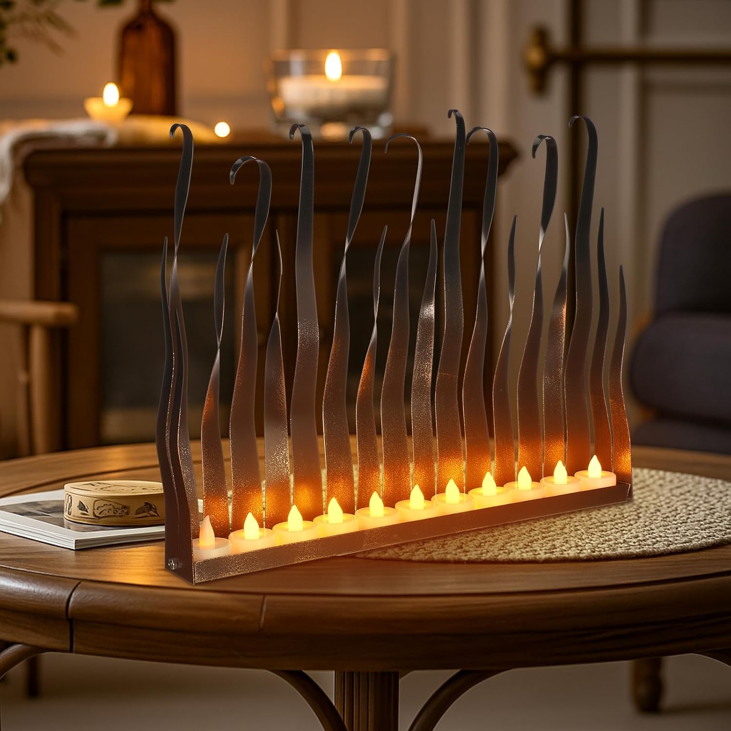 Mimorou Christmas Fireplace Candle Holder for Inside Fireplace Metal Flame Tea Light Holder 1.8 x 12.6 x 15.8 in Floor Candelabra Centerpiece Festive Cozy Home Decor Winter Xmas Wedding Party Favor