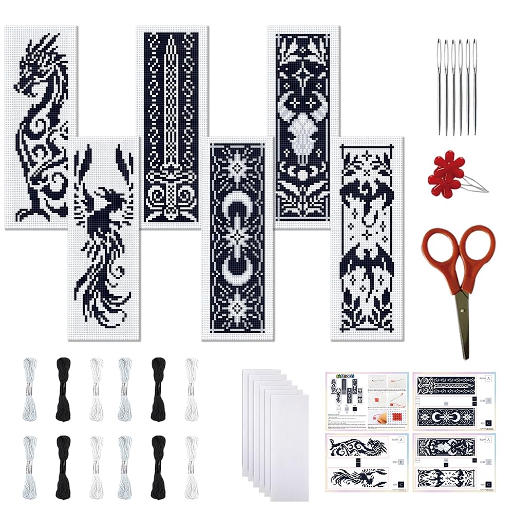 FREEBLOSS 6 Set 11CT Cross Stitch Bookmarks Kit Dragon Elements Stamped Cross Stitch Kit DIY Embroidery Bookmark Set with Instruction for Adults Beginners 20x6cm/8x2.4inch