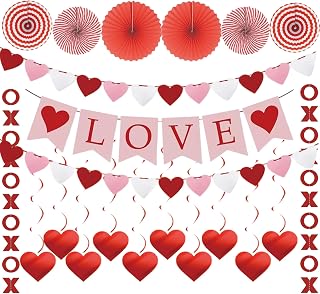 Valentine’s Day Decorations Set – LOVE Banner, 2 XO Garlands, 2 Heart Garlands, 10 Hanging Swirl Hearts & 6 Paper Fans, Red Pink White Valentine Party Decor
