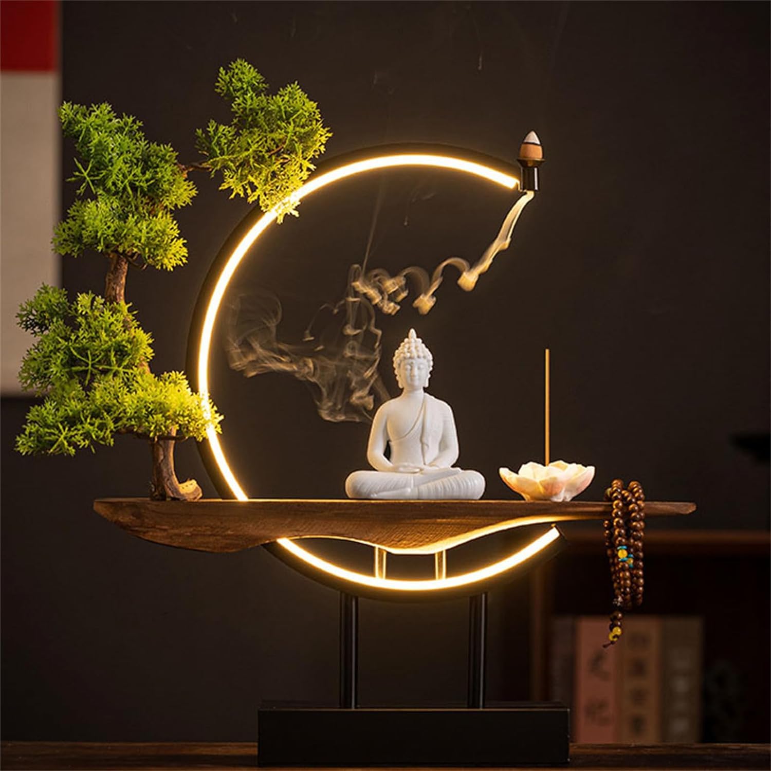 Estatua Budista Grande con árbol Artificial y Mesa Circular LED, lámpara de Figura de Buda, lámpara de Pared, lámpara de Aplique Mural 3D, luz Zen, decoración de Pared, Obra de Arte Colgante, Arte de
