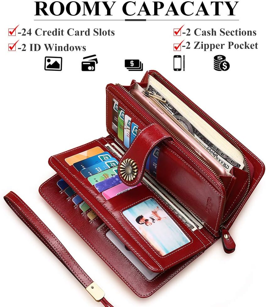Stylish Genuine Leather Wallet for Women Clutch with Strap 24 Card Slots 2 ID Windows Cash Compartments 1 Zipper Pocket Credit Card HolderRFID BLOCKINgGift Box Includeded-1
