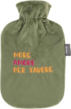 Fashy Hot Water Bottle 2.0 L with Fleece Cover with Embroidery More Amore Per Favor Green