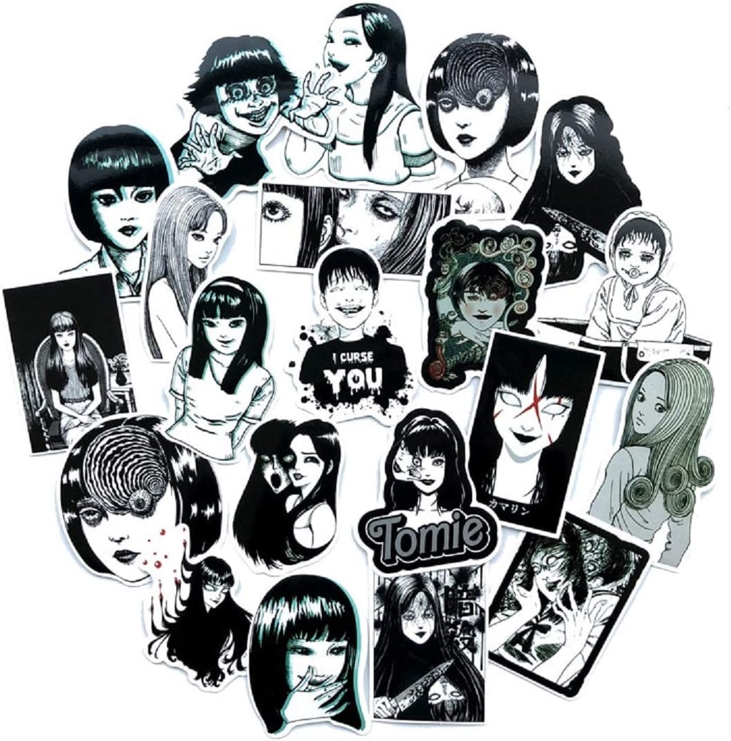 21PCS Tomie Comic Print Black and White Thriller Horror Style Toy Sticker for Water Bottle Skateboard Luggage Trolley Laptop Doodle Cool Sticker