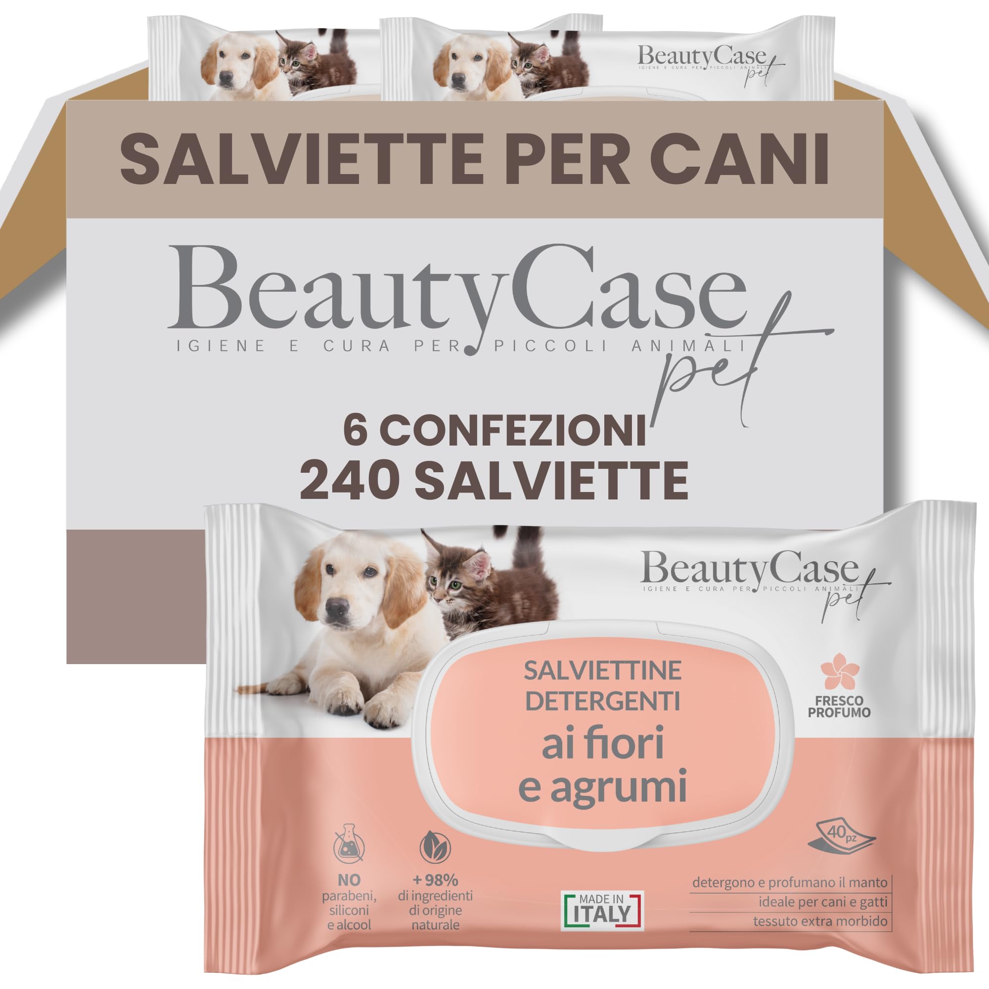Beauty Case Pet Salviette Detergenti Cani e Gatti XL 20x30cm - 240x Salviette Umidificate Cane - 6x40 Salviette Cani - Testate, Extra morbide, Antiodore - Fiori e Agrumi