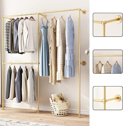 Miniatura 3 de DR.IRON Percheros de ropa de tubería industrial dorados con barra doble, estantes de ropa de tubería industrial montados en la pared, barras de