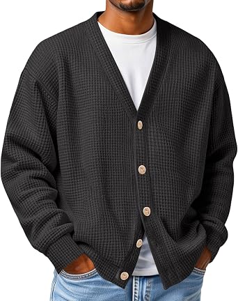 Mens Cardigan Sweaters with Buttons Waffle Knit Long Sleeve Open Front Cardigan Lightweight Button Up Sweaters