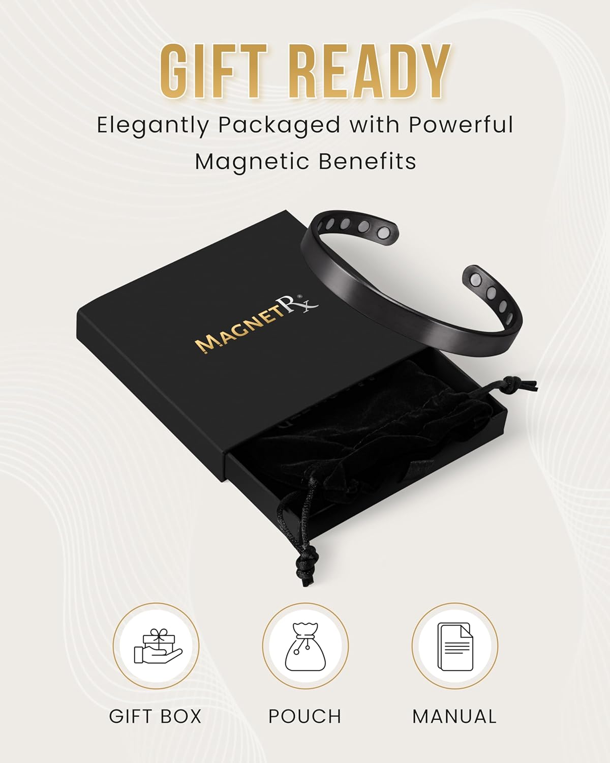 MagnetRX® Magnetic Bracelets for Men & Women - Elegant Bangle Men’s Cuff - Golf/Tennis Elbow & Balance, Stainless Steel Magnetic Bracelets for Women (Black | Medium) - Image 6