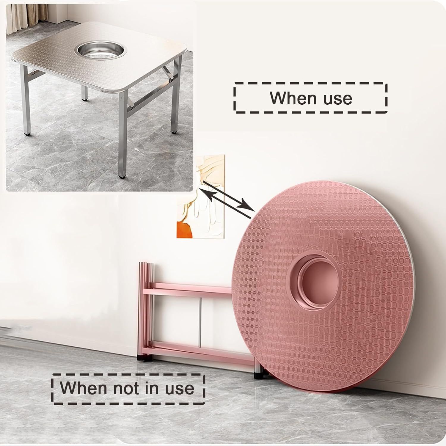 Workbench Round Folding BBQ Work Table Kitchen Stainless Steel Non-Slip Feet Pads Slotted Countertop Design Reinforced Legs Crossbeam Reinforced Structure Sturdy Wobble