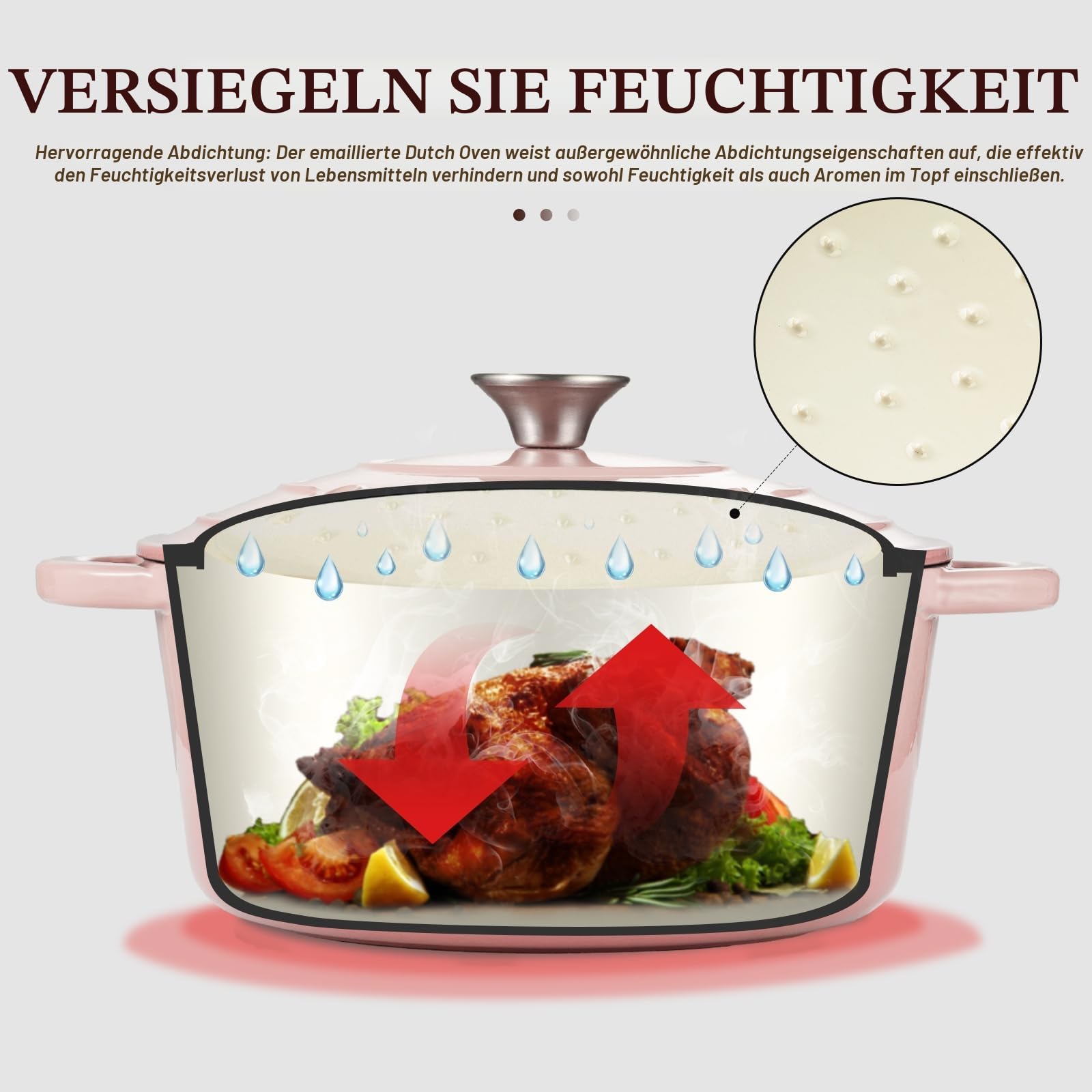 Overmont Bräter emaille Gusseisen Topf - Schmortopf 28cm backofengeeignet - mit Deckel und Kochbuch - für Küche Backen Schmoren Braten Rosa – Bild 3